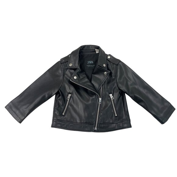 Zara Kids Black Leather Moto Jacket W/ Silver Zipper & Snap Details Size 18-24M